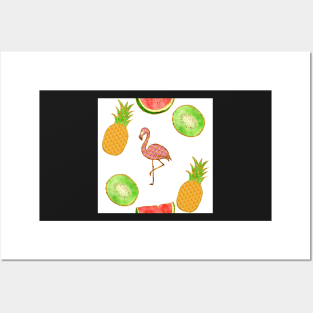 simple, white, flamingo,  yellow, square, pineapple, banana, yellow, orange, juicy, fruit, glitter, gold, summer, pattern, funny, sunny Posters and Art